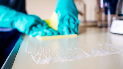 Cleaner working in a Westminster townhouse bathroom